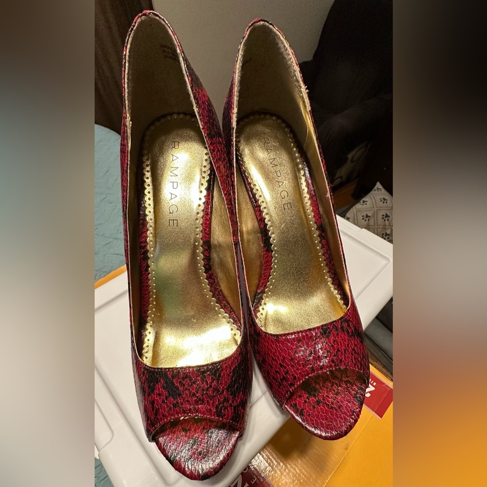 Rampage Snakeskin Red Peep Toe Heels